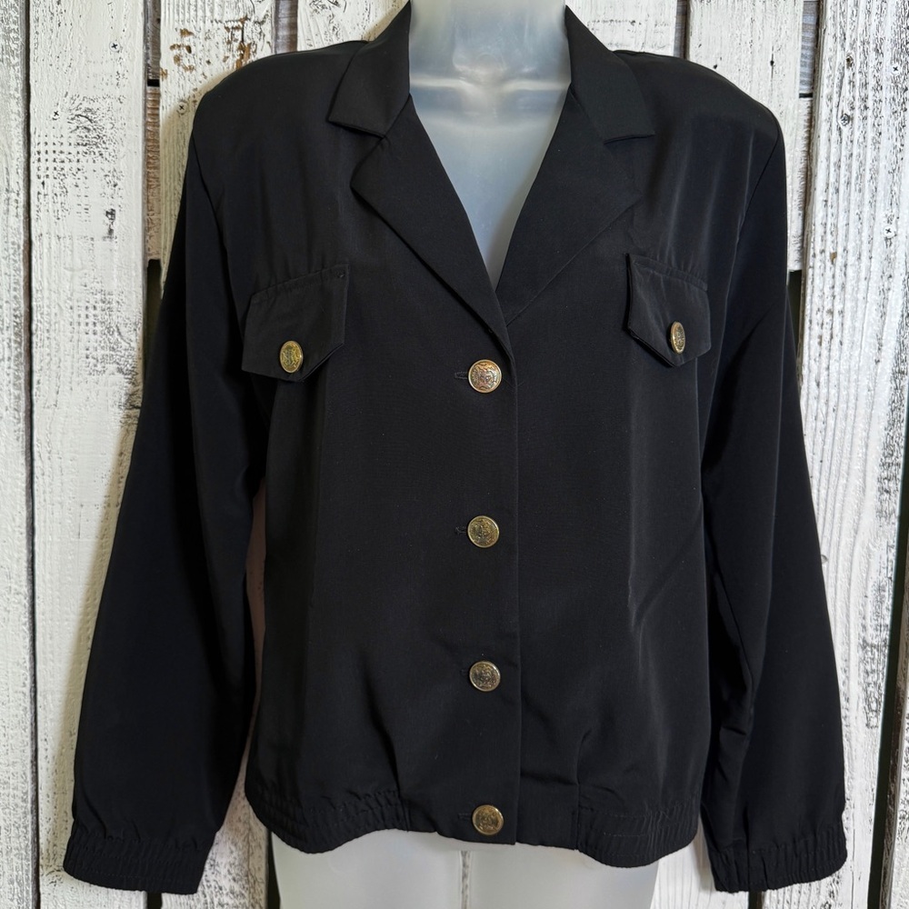 Vintage 80s‎ Kensington Square Top Size Medium Black Lapels Shoulder Pads Button